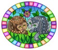 Illustration in stained glass style with  a pair of cute cats on a background of meadows, bright flowers and sky, oval image in br Royalty Free Stock Photo