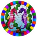 Stained glass illustration with a pair of fish seahorse on the background of water and algae,round picture in a bright frame