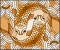 Stained glass illustration with a pair of gold fish on water wavy background,Sepia,tone, brown Royalty Free Stock Photo