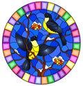 Stained glass illustration with a pair of great Tits birds on the branches of a Rowan tree on the background of snow, berries and