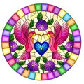 Stained glass illustration with a pair of hummingbirds, flowers and a heart ,oval image in bright frame