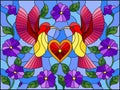 Stained glass illustration with a pair of hummingbirds and a heart against the sky and flowers