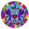 Stained glass illustration with a pair of hummingbirds and a heart against the sky and flowers,oval image in bright frame