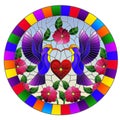 Stained glass illustration with a pair of hummingbirds and a heart against the sky and flowers,oval image in bright frame