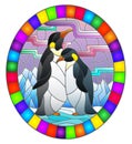 Stained glass illustration with a pair of penguins on a background of snow, moon and Northern lights, oval image in bright frame