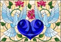 Stained glass illustration with a pair of pigeons and a blue heart against the sky and flowers Royalty Free Stock Photo