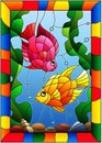 Stained glass illustration with a pair of princess parrotfish on the background of water and algae in bright frame