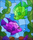 Stained glass illustration with a pair of princess parrotfish on the background of water and algae