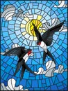 Stained glass illustration a pair of swallows on the background of sky, sun and clouds