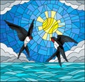 Stained glass illustration with pair of swallows on the background of sky, sun , clouds and water