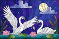 Stained glass illustration with pair of Swans , Lotus flowers and reeds on a pond in the moon, starry sky and clouds Royalty Free Stock Photo