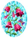 An illustration in stained glass style with pink bell flower and a butterfly on a blue background Royalty Free Stock Photo