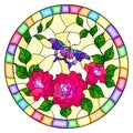 Stained glass illustration with pink flowers and leaves of pink rose, and purple butterfly round picture in a bright frame Royalty Free Stock Photo
