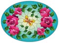 Stained glass illustration with  pink flowers and leaves of  rose, and orange butterfly on a blue background, oval image Royalty Free Stock Photo