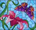 Stained glass illustration with a pink Lily flower and a bright butterfly on a blue sky background, rectangular image Royalty Free Stock Photo