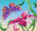 Stained glass illustration with  a pink Lily flower and a bright butterfly on a blue sky background, rectangular image Royalty Free Stock Photo