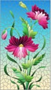 Stained glass illustration with pink poppies flowers on a blue sky background, rectangular image