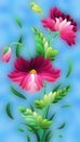 Stained glass illustration with pink poppies flowers on a blue sky background, rectangular image