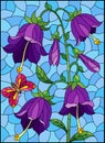 Stained glass illustration with purple bell flower and a butterfly on a blue background, rectangular image