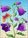 Stained glass illustration with purple bell flower and a butterfly on a blue background, rectangular image