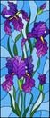 Stained glass illustration with purple bouquet of irises, flowers, buds and leaves on blue background