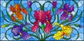 Stained glass illustration with  purple bouquet of irises, flowers, buds and leaves on blue background Royalty Free Stock Photo