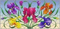 Stained glass illustration with purple bouquet of irises, flowers, buds and leaves on blue background Royalty Free Stock Photo