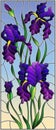Stained glass illustration with purple bouquet of irises, flowers, buds and leaves on sky background
