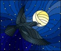 Stained glass illustration raven on the background of starry sky, and moon