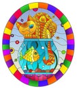 Stained glass illustration with red abstract cat and goldfish in the aquarium , oval picture frame in bright