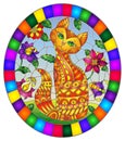 Stained glass illustration with a   red  cute cat on a background of meadows, bright flowers and sky, oval image in bright frame Royalty Free Stock Photo