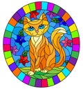 Stained glass illustration with  a   red  cute cat on a background of meadows, bright flowers and sky, oval image in bright frame Royalty Free Stock Photo