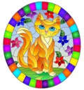 Stained glass illustration with  a   red  cute cat on a background of meadows, bright flowers and sky, oval image in bright frame Royalty Free Stock Photo