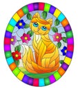 Stained glass illustration with  a   red  cute cat on a background of meadows, bright flowers and sky, oval image in bright frame Royalty Free Stock Photo