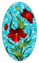 Stained glass illustration with red poppies flowers on a blue sky background, oval image