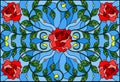 Stained glass illustration with red rose branches on blue background, rectangular image Royalty Free Stock Photo