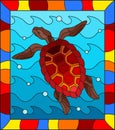 Stained glass illustration with red sea turtle on a background of sea waves and air bubbles in a bright frame