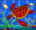 Stained glass illustration with red sea turtle on the seabed background with algae, fish and stones Royalty Free Stock Photo