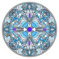 Stained glass illustration , round mirror image with floral ornaments and swirls