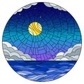 Stained glass illustration with sea landscape, sea, cloud, starry sky and moon, round image