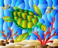 An illustration in stained glass style with sea turtle on the seabed background with algae, fish and stones