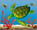 Stained glass illustration with sea turtle on the seabed background with algae, fish and stones