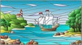 Stained glass illustration with sea views, sailing ship and the lighthouse in rocky Bay on the background of sea Royalty Free Stock Photo