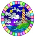 Stained glass illustration with  seascape, lighthouse  on a background of sea and night sky, oval image in bright frame Royalty Free Stock Photo