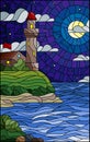 Stained glass illustration with seascape, lighthouse on a background of sea and starry night sky with moon