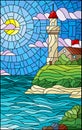 Stained glass illustration with seascape, lighthouse on a background of sea and Sunny sky