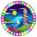 Stained glass illustration with seascape, lighthouse and sailboat on a background of sea and night sky, oval image in bright frame Royalty Free Stock Photo