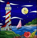 Contour set with  seascape, lighthouse and sailboat on a background of sea and starry night sky with a moon Royalty Free Stock Photo