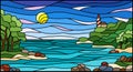 Stained glass illustration with  seascape, sea with and shore against a Sunny sky with clouds Royalty Free Stock Photo