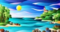 Stained glass illustration with  seascape, sea with and shore against a Sunny sky with clouds Royalty Free Stock Photo